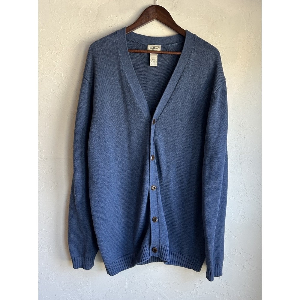 Vintage LL‎ Bean Button Up Cardigan Sweater XL Tall Heavy Cotton Blue Grandpa